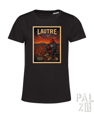 Schwarzes T-Shirt mit Grafikdesign, das eine Figur und Sonnenuntergang zeigt, aus Baumwolle gefertigt.