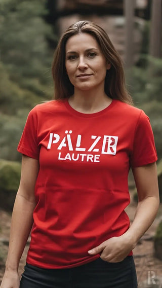 Rotes frauen t-shirt aus baumwolle mit weißem pälzr lautre print in verschiedenen farben