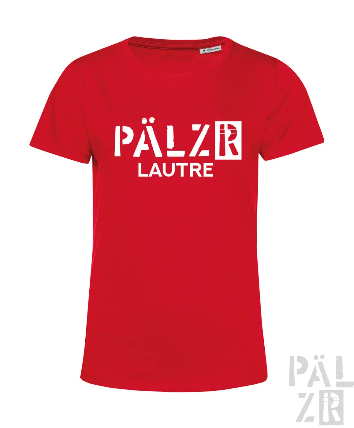 Rotes frauen t shirt mit kurzen ärmeln und weißem pälzr lautre print auf der vorderseite