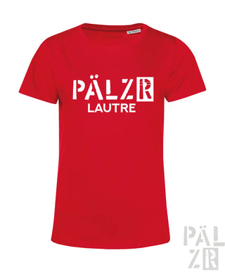 Rotes frauen t shirt mit kurzen ärmeln und weißem pälzr lautre print auf der vorderseite