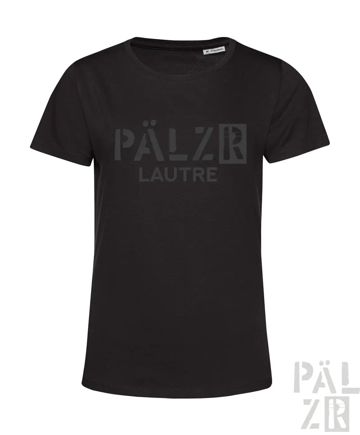 Schwarzes frauen kurzarm t-shirt mit verblasstem grauem pälzr lautre logo auf der brust in verschiedenen farben