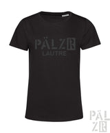 Schwarzes frauen kurzarm t-shirt mit verblasstem grauem pälzr lautre logo auf der brust in verschiedenen farben