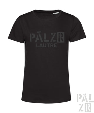 Schwarzes frauen kurzarm t-shirt mit verblasstem grauem pälzr lautre logo auf der brust in verschiedenen farben