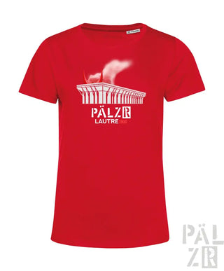 Rotes T-Shirt mit weißer Stadion-Grafik und Text ’pälzr lautre’ Design.