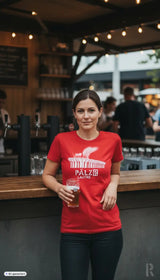 Rotes kurzarmshirt frauen mit weißem stadiongrafik und pälz lautre text lautre1900 in verschiedenen farben