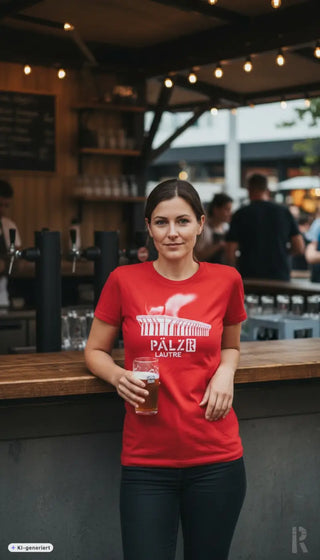 Rotes kurzarmshirt frauen mit weißem stadiongrafik und pälz lautre text lautre1900 in verschiedenen farben