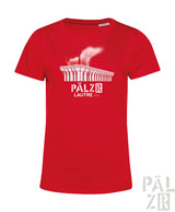 Rotes baumwollfrauen t-shirt mit weißem palais lausanne grafik und pälzr lautre 1900 text in verschiedenen farben