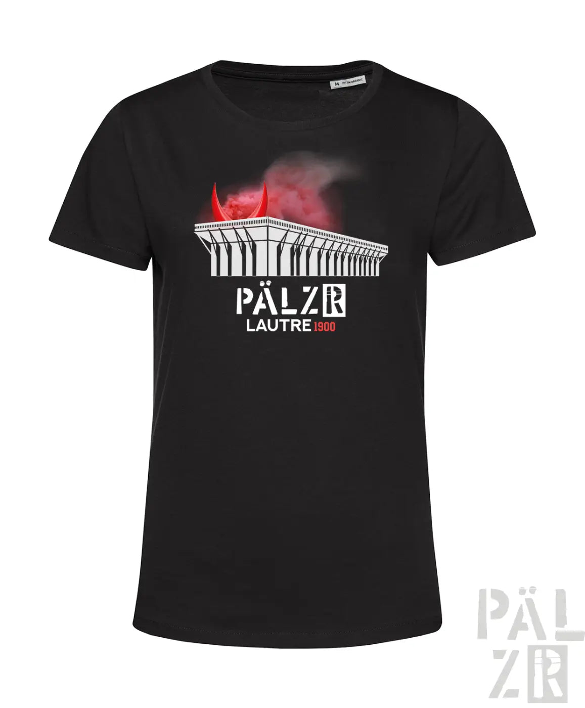 Schwarzes frauen kurzarm t-shirt mit weißem palais lausanne grafik und rotem rauch lautre1900 design