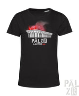 Schwarzes frauen kurzarm t-shirt mit weißem palais lausanne grafik und rotem rauch lautre1900 design