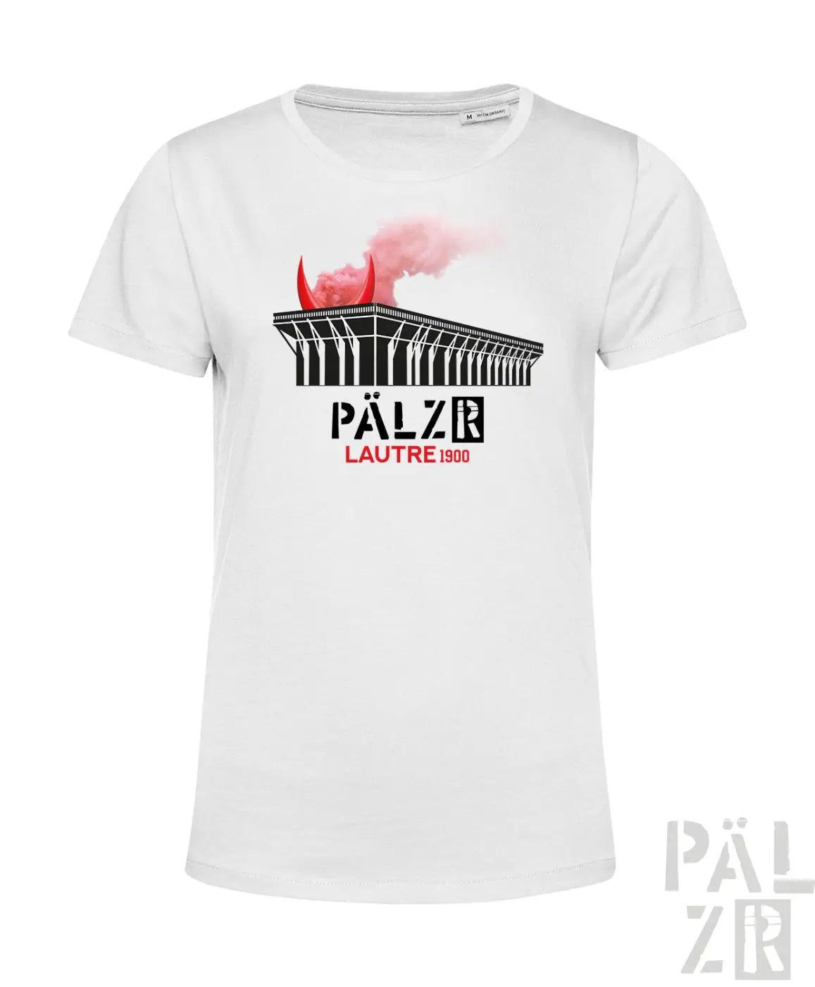 Weiße baumwoll-frauen-t-shirt mit schwarz-rotem grafikdruck des pálzer stadions und rauch auf dem dach