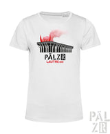 Weiße baumwoll-frauen-t-shirt mit schwarz-rotem grafikdruck des pálzer stadions und rauch auf dem dach