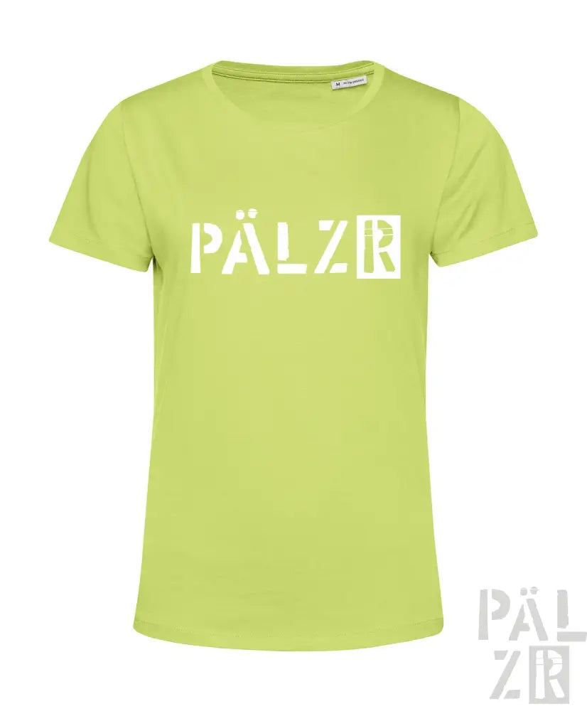 Limetgrünes T-Shirt mit ’pälzr’-Logo-Design, aus Baumwolle.