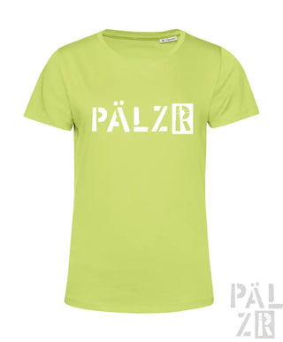 Limetgrünes T-Shirt mit ’pälzr’-Logo-Design, aus Baumwolle.