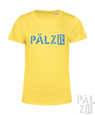 Gelbes T-Shirt mit ’pälzr’-Logo in blau-weißem Design, aus Baumwolle gefertigt.
