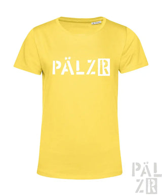 Gelbes T-Shirt mit ’pälzr’-Logo in Weiß, aus Baumwollmaterial.