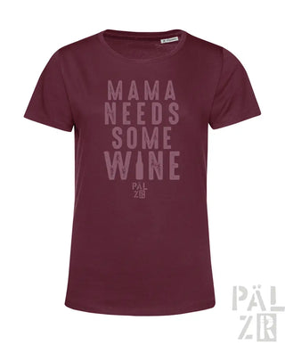 Bordeaux-farbenes kurzärmeliges T-Shirt mit Textdesign „mama braucht etwas Wein’, pälzr Marke.