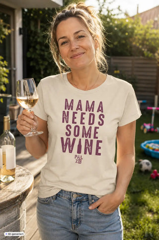 Creamfarbenes frauen t-shirt aus baumwolle mit lila distressed text mama needs some wine und kleinem logo darunter
