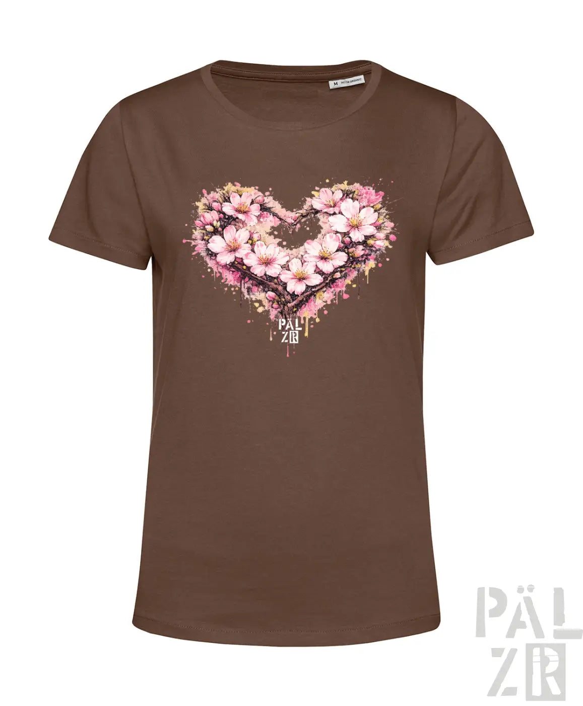 Braunes Damen-T-Shirt mit einem lebendigen pinken Kirschblüten-Herz-Design mit Spritzeffekten und dem Markennamen ‚pal zib‘ darunter.