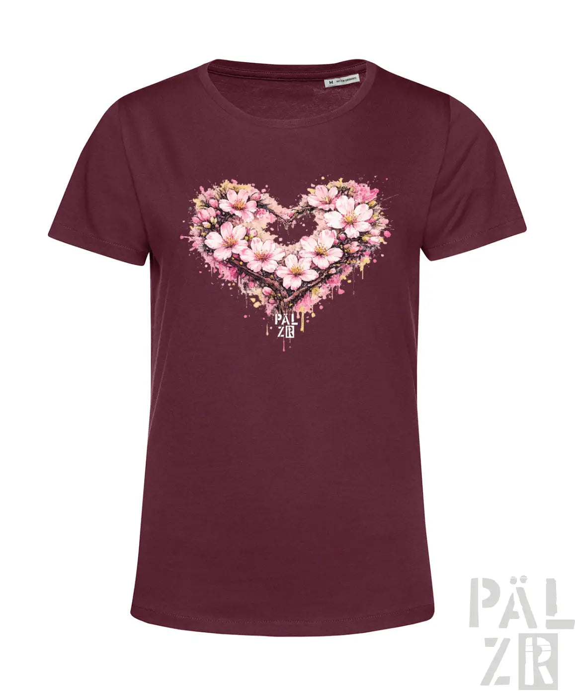 Bordeauxfarbene kurzärmelige T-Shirt mit einem lebendigen herzförmigen Blumenmuster mit pinken Blüten und Spritzeffekten.