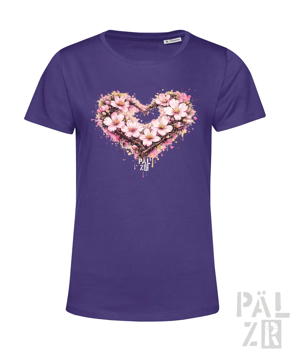Lila Damen-T-Shirt mit einem lebendigen, herzförmigen Blumenmuster mit rosa Blüten und Spritzfarbeffekten.