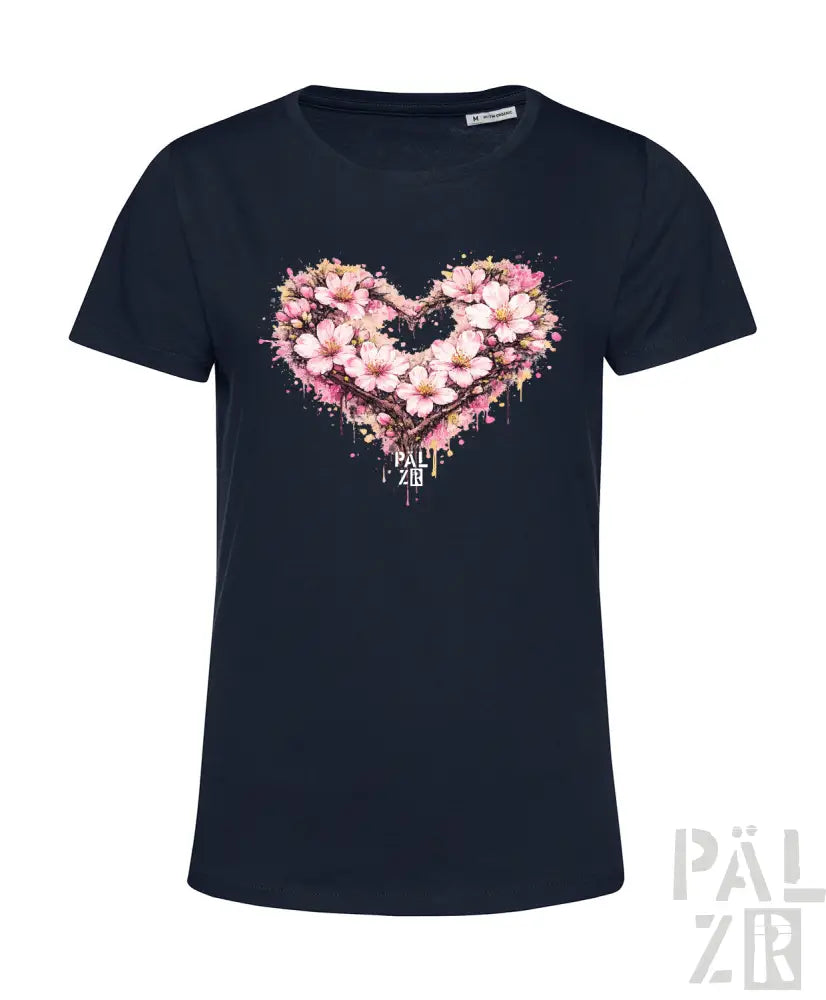 Marineblaues kurzärmeliges T-Shirt mit einem lebendigen pinken floralen Herzdesign mit Spritzeffekten und dem Text »pal zib« darunter