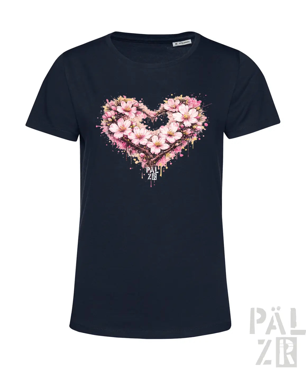 Marineblaues kurzärmeliges T-Shirt mit einem lebendigen pinken floralen Herzdesign mit Spritzeffekten und dem Text »pal zib« darunter