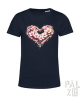 Marineblaues kurzärmeliges T-Shirt mit einem lebendigen pinken floralen Herzdesign mit Spritzeffekten und dem Text »pal zib« darunter