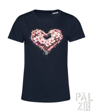 Marineblaues kurzärmeliges T-Shirt mit einem lebendigen pinken floralen Herzdesign mit Spritzeffekten und dem Text »pal zib« darunter