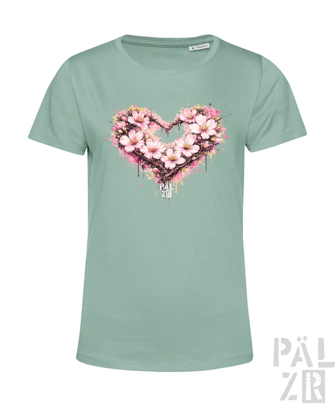 Ein minzgrünes kurzärmeliges T-Shirt mit einem lebendigen pinken Blumenherz-Design mit Spritzeffekten und dem Markennamen „pal zio“ gedruckt darunter.