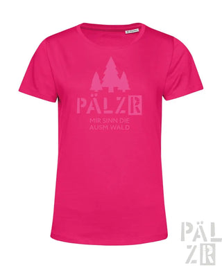 Rosa T-Shirt mit ‘pälzer’ und Bäume-Design, Baumwollmaterial.