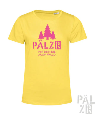Gelbes Bio-Baumwoll-T-Shirt mit pinkem Baum-Design und Text „pälzer“ und Slogan „mir sinn die ausm wald.“