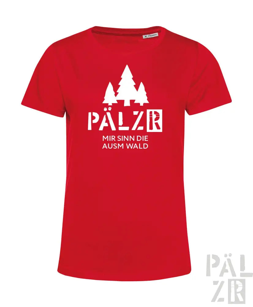 Rotes T-Shirt mit weißem ’Pälzer’-Logo und Baum-Design, aus Baumwolle.
