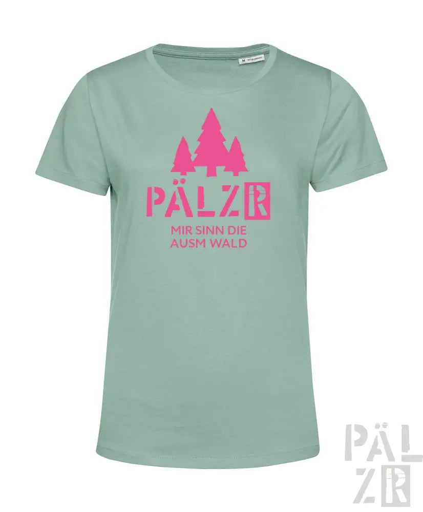 Minzgrünes T-Shirt mit pinkem Baumdesign und Text „pälzer“ und „mur sinn die ausm wald.“
