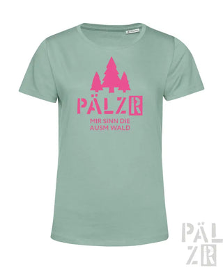 Minzgrünes T-Shirt mit pinkem Baumdesign und Text „pälzer“ und „mur sinn die ausm wald.“