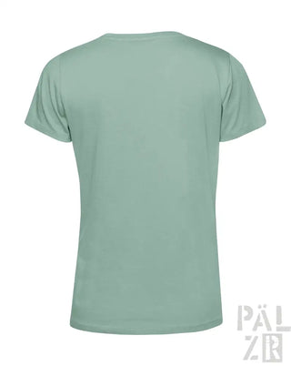 Minzgrünes T-Shirt mit V-Ausschnitt und kurzen Ärmeln, aus Baumwolle.