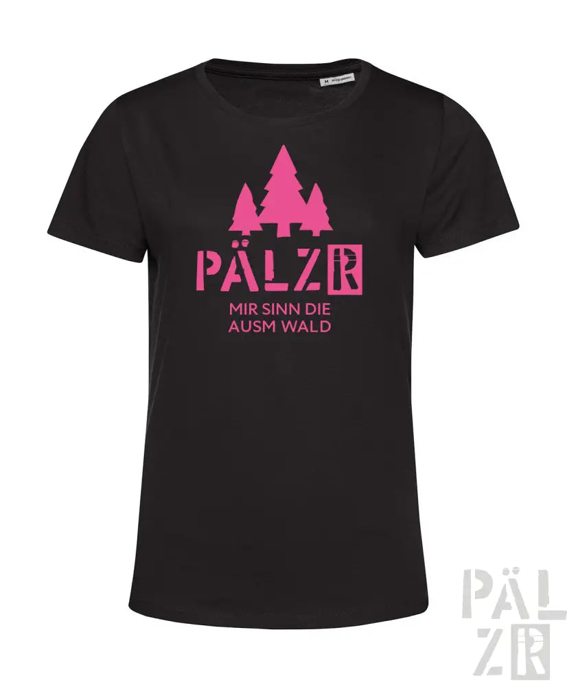 Schwarzes T-Shirt mit pinkem Text und Design mit Bäumen.