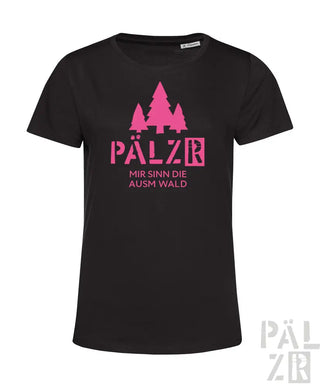 Schwarzes T-Shirt mit pinkem Text und Design mit Bäumen.
