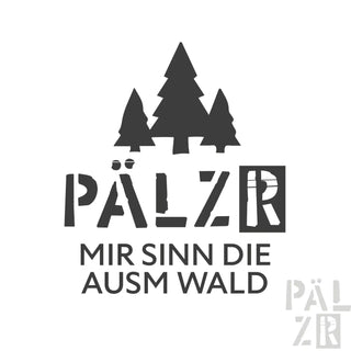 Schwarzes frauen t-shirt mit stilisiertem logo drei kiefern und dem text pälz mir sinn die ausm wald in verschiedenen farben