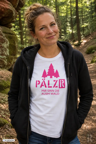 Weißes frauen t-shirt mit rosa pine trees grafik und text pälzr mir sinn die ausw wald in verschiedenen farben