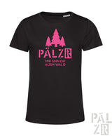 Schwarzes frauen t-shirt aus baumwolle mit pinkem pine tree design und text pälzr mir sinn die ausm wald