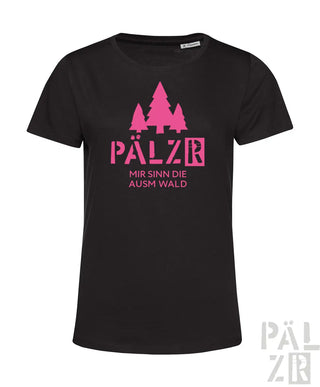Schwarzes frauen t-shirt aus baumwolle mit pinkem pine tree design und text pälzr mir sinn die ausm wald