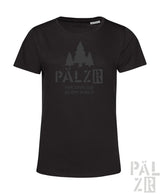 Schwarzes frauen t-shirt mit kurzem ärmel und verblasstem grauem print drei bäume pälzer mir sind die ausm wald