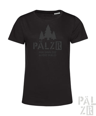Schwarzes frauen t-shirt mit kurzem ärmel und verblasstem grauem print drei bäume pälzer mir sind die ausm wald