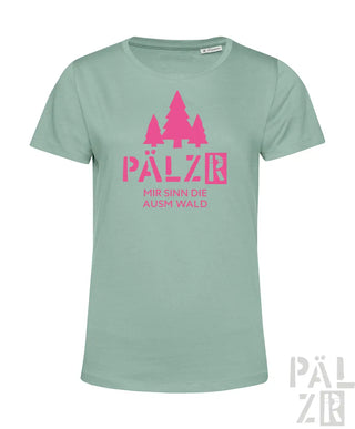 Frauen mintgrünes kurzarm t-shirt mit pinkem drei bäume grafik und text pälzer mir sinn die ausm wald in verschiedenen farben