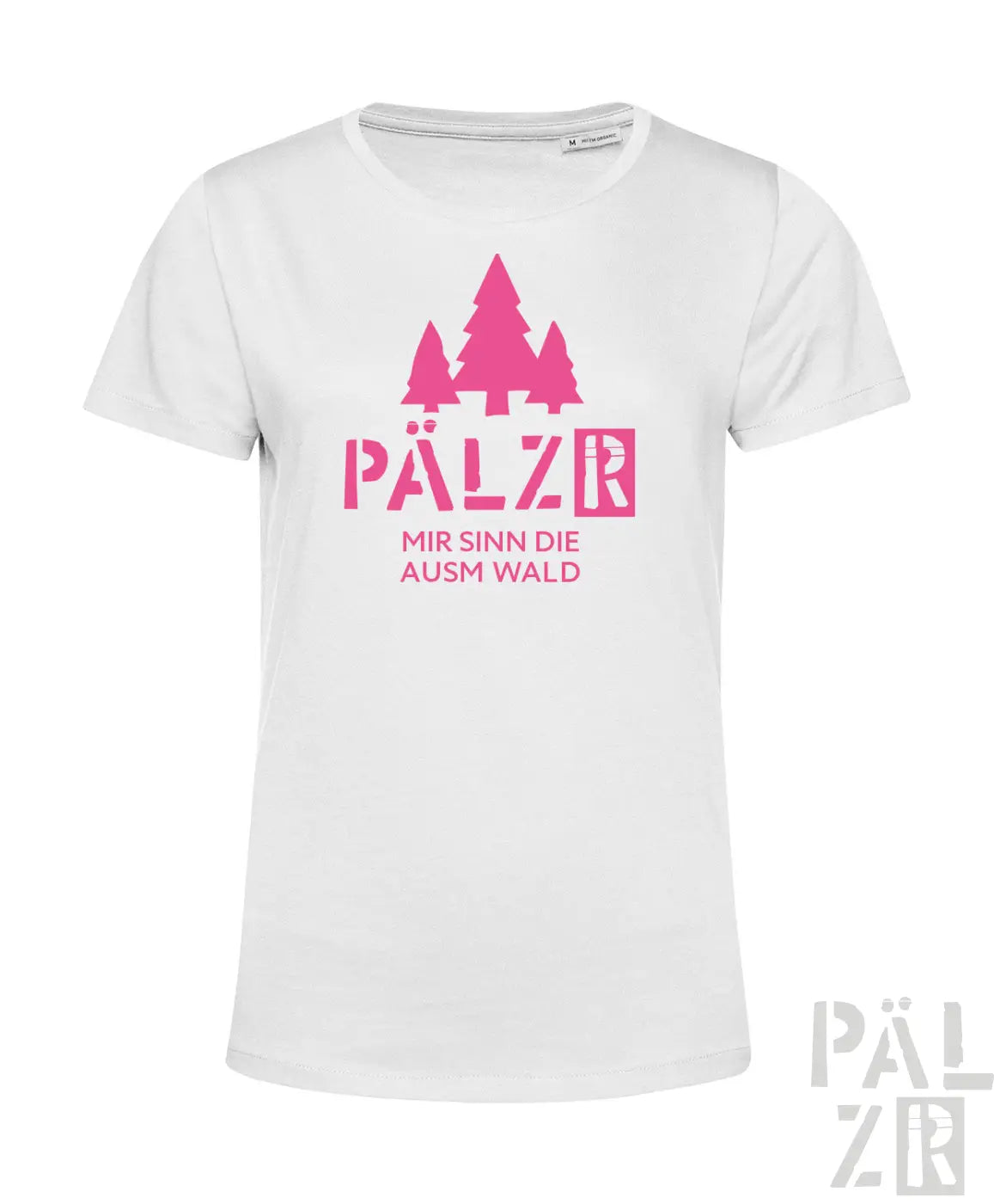 Weißes frauen t-shirt aus baumwolle mit pinkem grafikdruck drei kiefern und text pälzer mir sinn die ausm wald