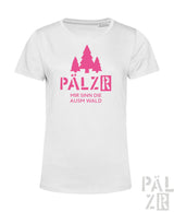Weißes frauen t-shirt aus baumwolle mit pinkem grafikdruck drei kiefern und text pälzer mir sinn die ausm wald