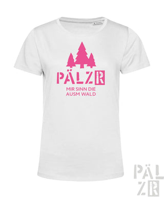Weißes frauen t-shirt aus baumwolle mit pinkem grafikdruck drei kiefern und text pälzer mir sinn die ausm wald