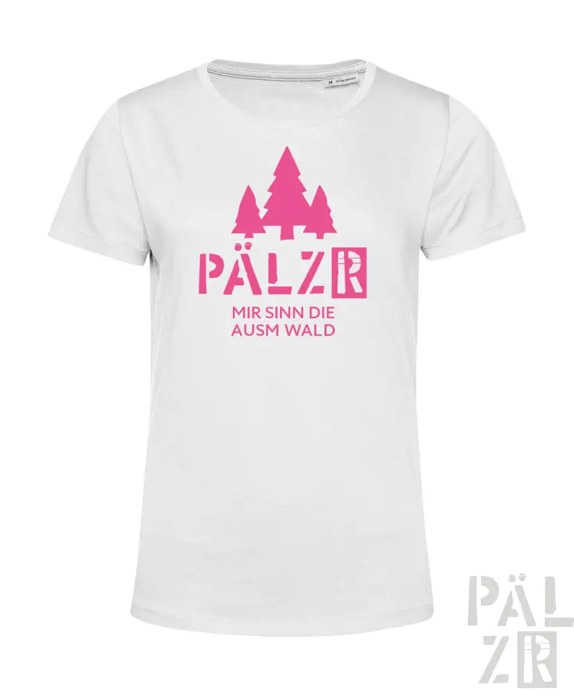 Weißes T-Shirt mit pinkem Text und Design mit Bäumen.