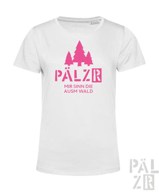 Weißes T-Shirt mit pinkem Text und Design mit Bäumen.