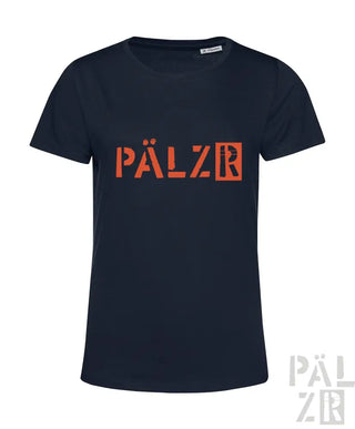 Marineblaues T-Shirt mit orangem ’pälzr’-Logodesign, aus Baumwolle.